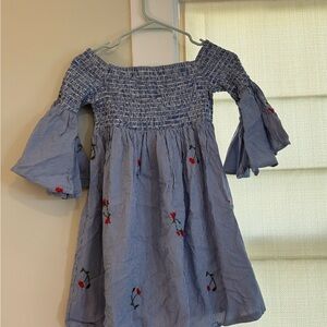 Blue Striped Dress with Floral Embroidery